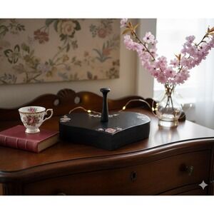 Vintage Handmade Wooden Flowered Black Painted Heart Hanger 8x6